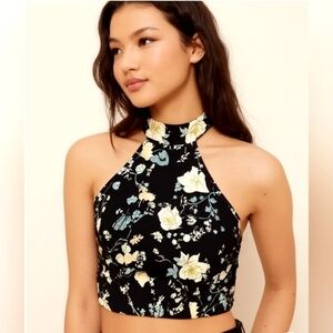 Streetwear Society Black Floral Halter Neck Crop Top - Size Medium